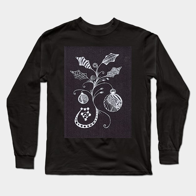 Zentangle Christmas Ornaments with Holly Leaves Long Sleeve T-Shirt by ConniSchaf